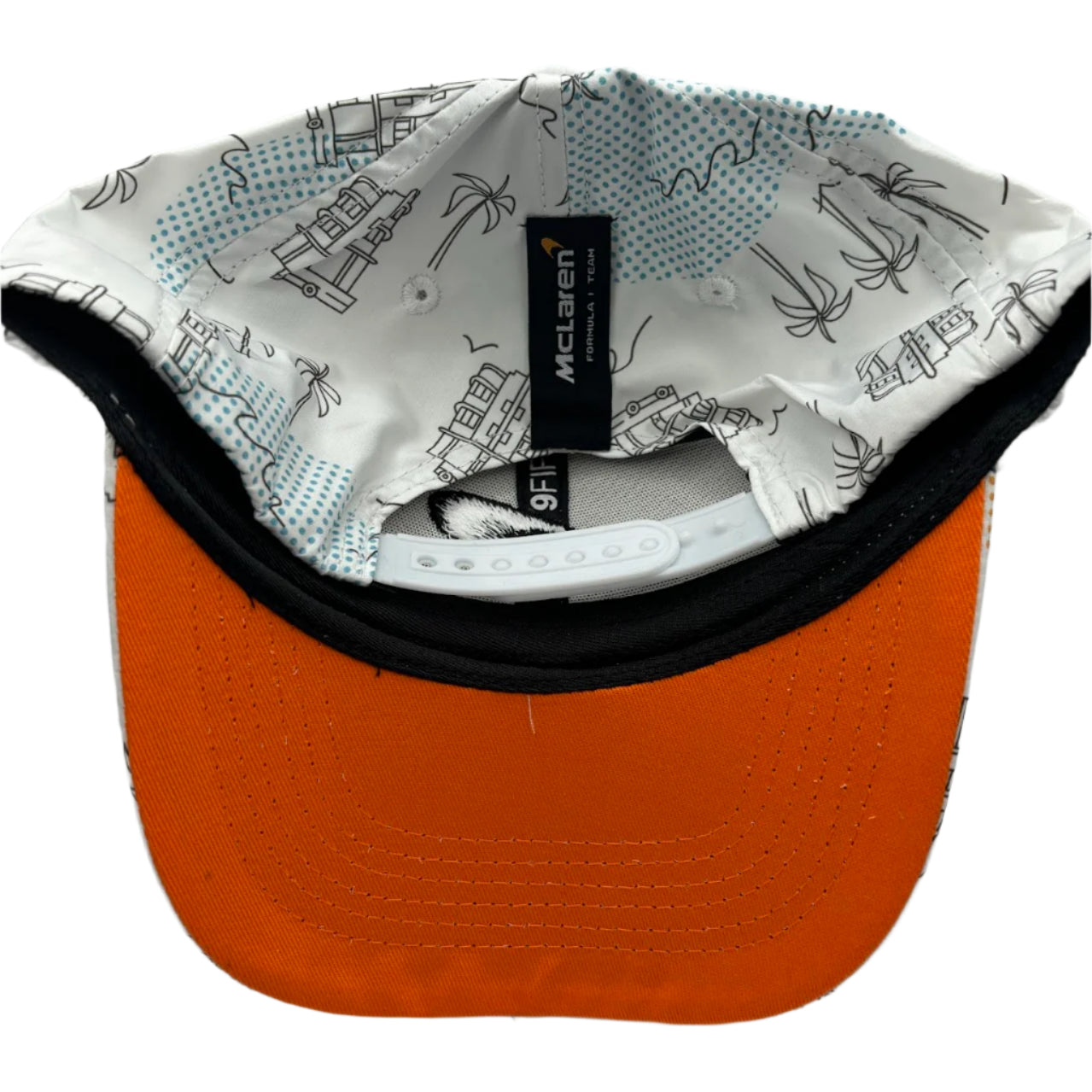 Official McLaren Formula 1 Team cap featuring papaya orange color, embroidered team logo, curved brim, and adjustable strap – ideal F1 merchandise for McLaren fans and motorsport collectors.