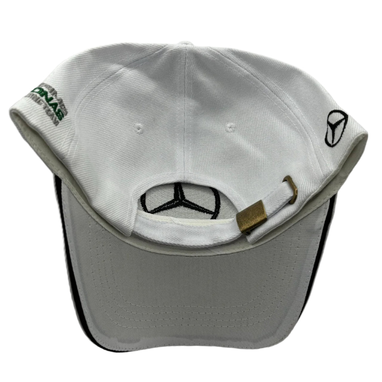 Official Mercedes-AMG Petronas Formula 1 Team hat featuring black cotton fabric, team logo on the front, adjustable strap, and Lewis Hamilton branding – perfect for F1 fans and motorsport enthusiasts.