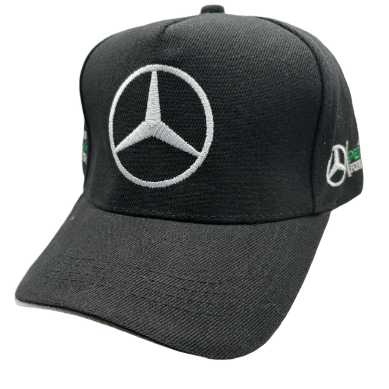 Official Mercedes-AMG Petronas Formula 1 Team hat featuring black cotton fabric, team logo on the front, adjustable strap, and Lewis Hamilton branding – perfect for F1 fans and motorsport enthusiasts.